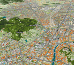 Artist's aerial view of Tivoli Park and city center
